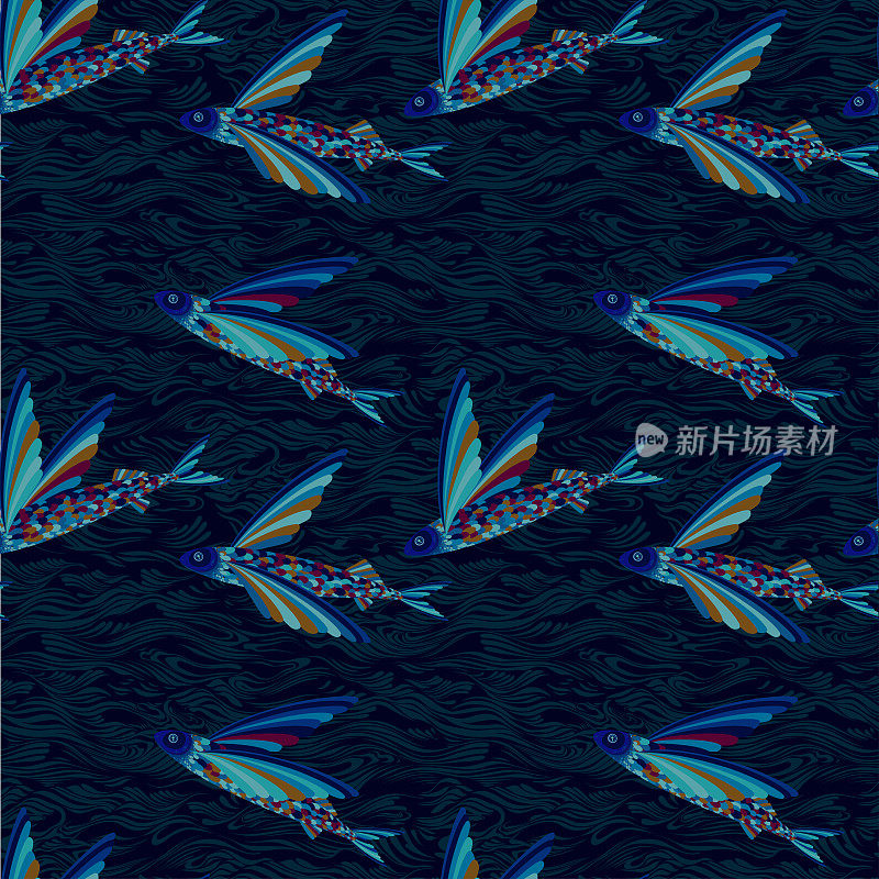 beautiful flying fish over the water. graphic drawing